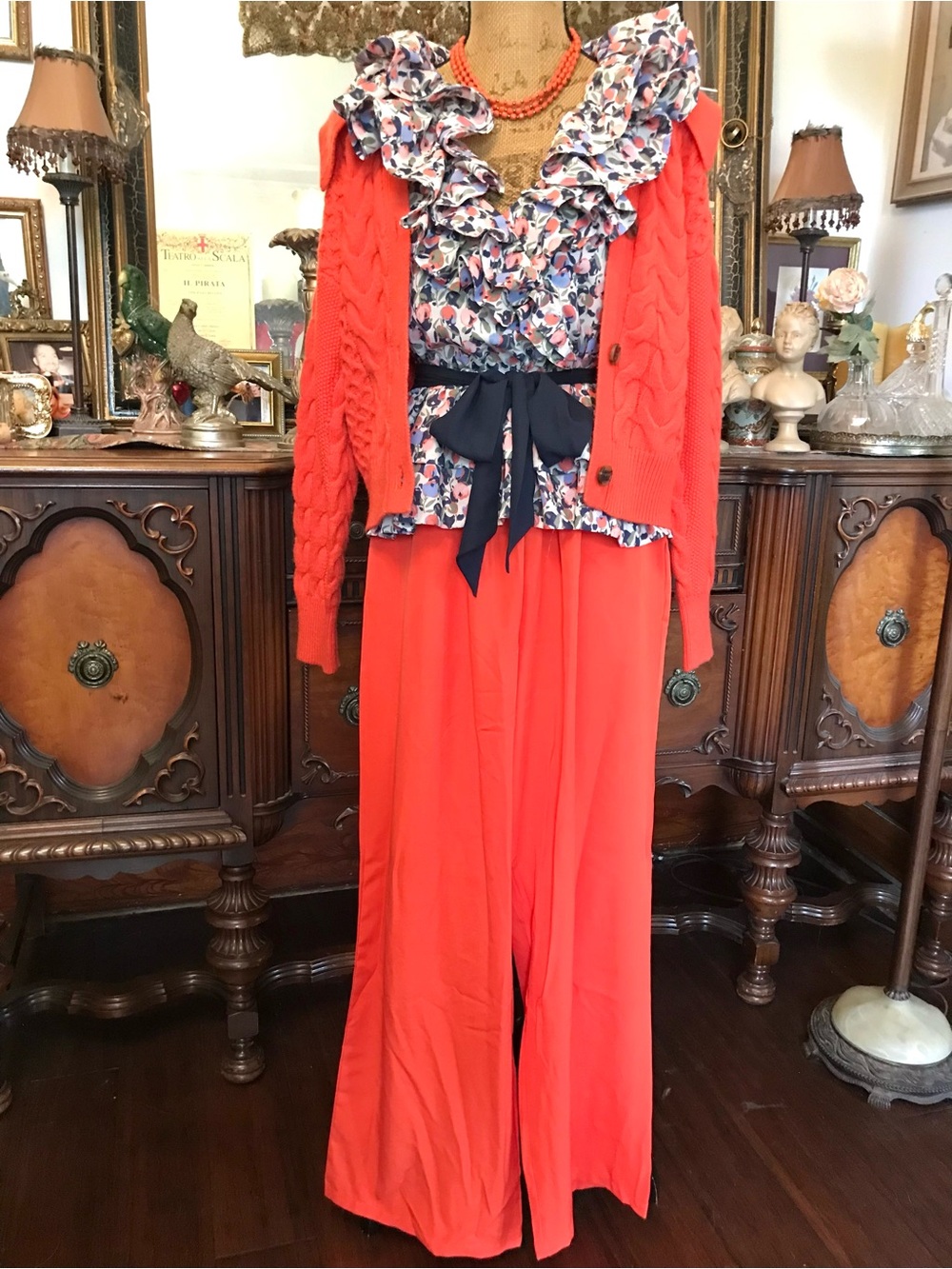 Vintage Boho Hippie Coral Orange Pants, (Sweater-Paris France) Floral Blouse Set